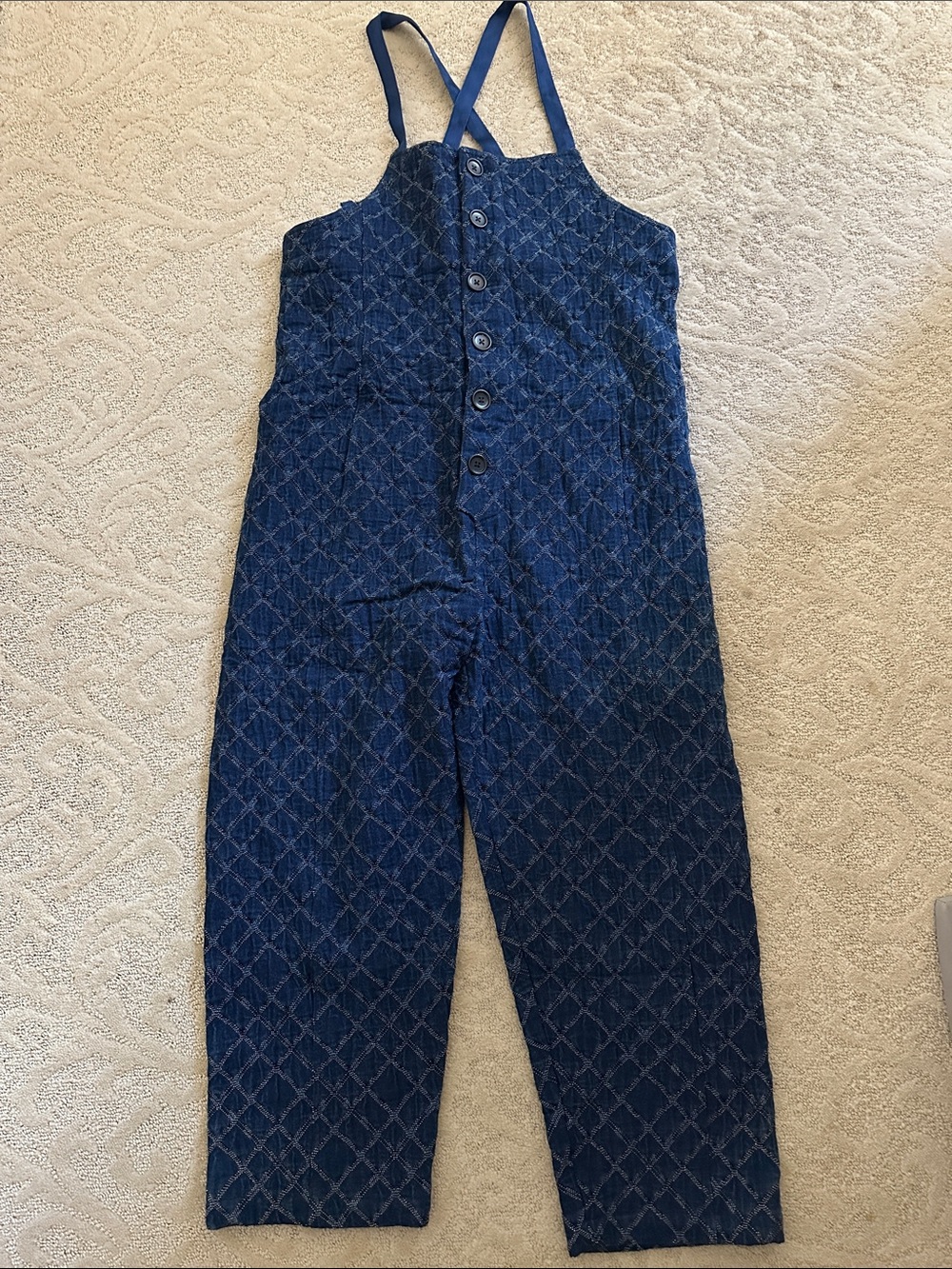 Caron Callahan Indigo matelassé Diamond-Print Button-Front denim Jumpsuit Size S